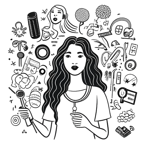 Dibujo de arte lineal de una mujer, representando a Iilluminaughtii (Blair Zon), con cabello largo y ondulado sosteniendo con confianza un micrófono. A su alrededor hay íconos simbólicos representando causas de justicia social, educación financiera y colaboración en línea, contra un fondo blanco.