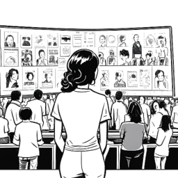 Lijnkunsttekening van een vrouw, die Iilluminaughtii (Blair Zon) voorstelt, staand voor schermen met diverse content. Op de achtergrond symboliseert een menigte van gevarieerde individuen een wereldwijd en divers publiek, tegen een witte achtergrond.