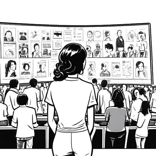 Lijnkunsttekening van een vrouw, die Iilluminaughtii (Blair Zon) voorstelt, staand voor schermen met diverse content. Op de achtergrond symboliseert een menigte van gevarieerde individuen een wereldwijd en divers publiek, tegen een witte achtergrond.