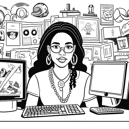 Dessin en noir et blanc d'une femme, représentant Iilluminaughtii, assise devant un écran d'ordinateur en train de filmer une vidéo YouTube. Des piles d'argent symbolisent sa valeur nette, tandis que des icônes liées à la justice sociale et à l'activisme décorent l'arrière-plan.