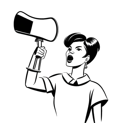 Line art drawing of a woman, representing Iilluminaughtii (Blair Zon), holding a megaphone and a picket sign, on a white background