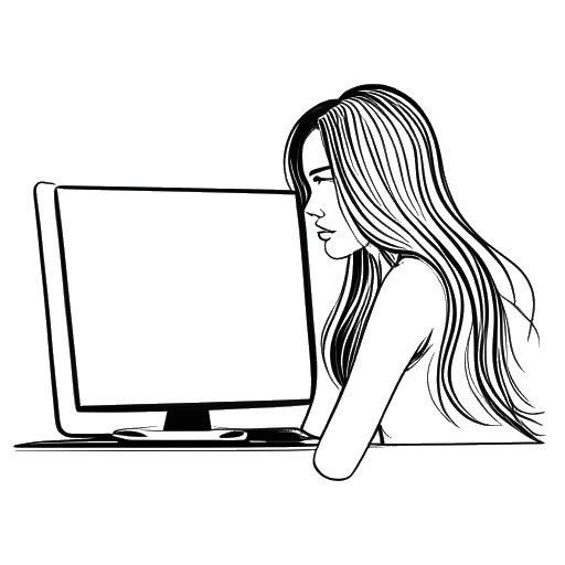 Line art drawing of a woman, representing Iilluminaughtii (Blair Zon), hiding behind a computer screen, on a white background