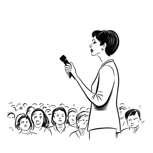 Line art drawing of a woman, representing Iilluminaughtii (Blair Zon), addressing a large audience, on a white background
