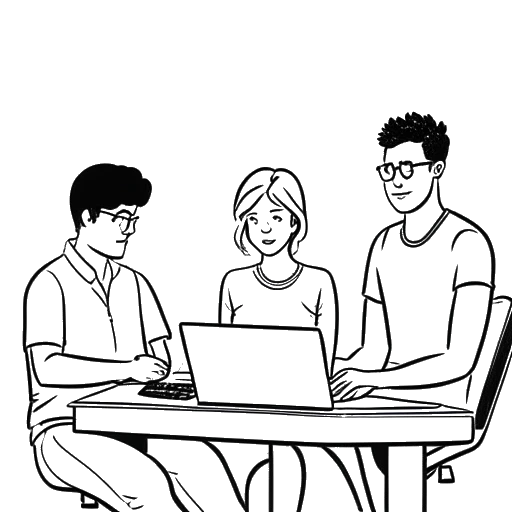 Strichzeichnung von drei Personen, einer Frau und zwei Männern, die Iilluminaughtii (Blair Zon) und ihre Mitwirkenden darstellen, die gemeinsam an einem Videoprojekt arbeiten, auf weißem Hintergrund