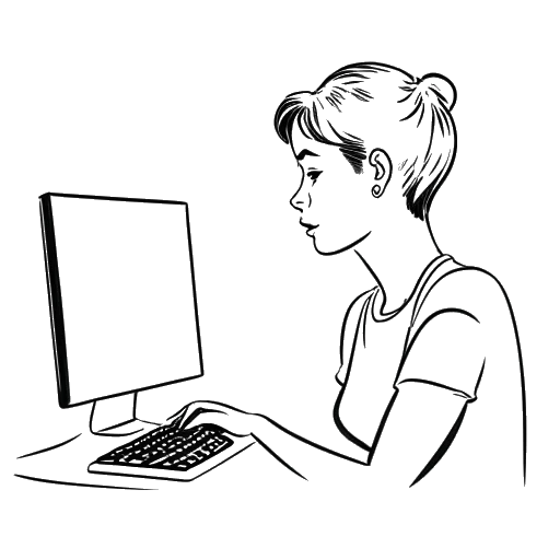 Dibujo de línea de una mujer, representando a Iilluminaughtii (Blair Zon), interactuando con seguidores en una pantalla de computadora, en un fondo blanco