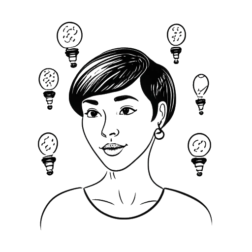 Desenho de arte em linha de uma mulher, representando Iilluminaughtii (Blair Zon), rodeada por lâmpadas, representando ideias, em um fundo branco