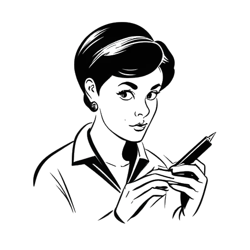 Line art drawing of a woman, representing Iilluminaughtii (Blair Zon), using a magnifying glass to examine a suspicious document, on a white background