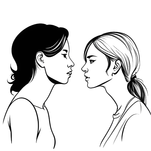 Line art drawing of two women, representing Iilluminaughtii (Blair Zon) and LaDonna Daniels, facing each other in a tense confrontation, on a white background