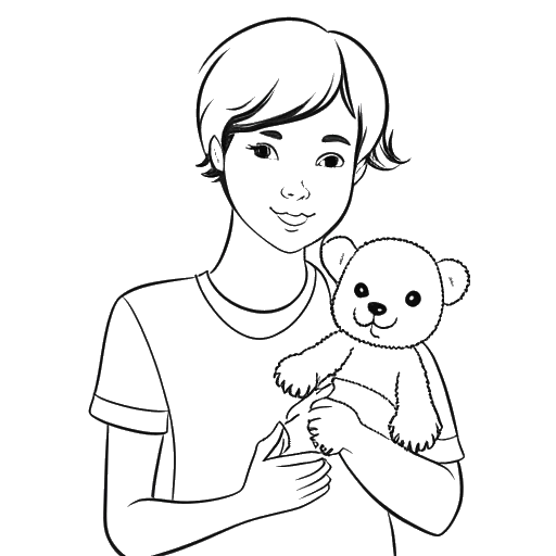 Line art drawing of a woman, representing Iilluminaughtii (Blair Zon), holding a plush toy version of her character, on a white background