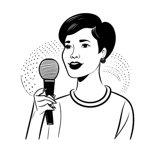 Line art drawing of a woman, representing Iilluminaughtii (Blair Zon), speaking into a microphone, with a speech bubble filled with digital icons, on a white background