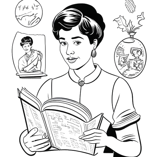 Desenho de arte em linha de uma mulher, representando Iilluminaughtii (Blair Zon), segurando um livro de história, com várias cenas históricas emergindo das páginas, em um fundo branco
