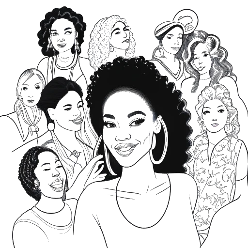 Un disegno in stile line art di una donna che rappresenta McKinley Richardson che mostra talenti diversi, dalla cheerleading alla musica, transitando verso una carriera digitale e esplorando concorsi di bellezza e la creazione di contenuti esclusivi su OnlyFans contro uno sfondo bianco.