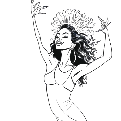 A line art drawing of a woman representing McKinley Richardson rising from Champaign, Illinois, showcasing talents in cheerleading and music, transitioning into a digital career, and excelling in beauty pageants and exclusive content creation on OnlyFans against a white backdrop.