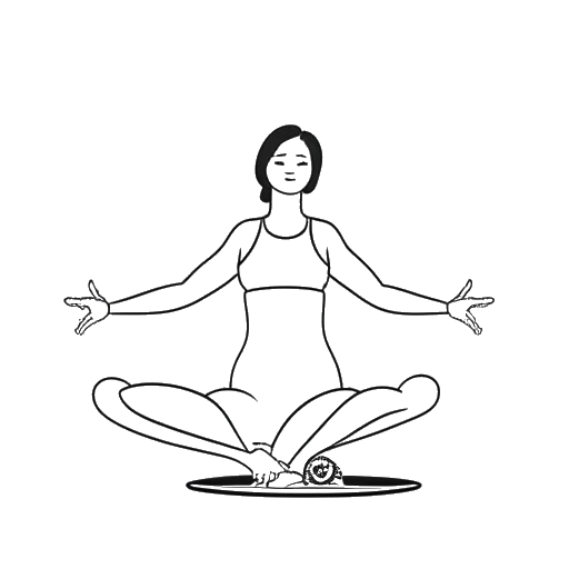 Lijnkunsttekening van McKinley Richardson die yoga doet, met een bord gezond eten, wat haar fitnessroutine vertegenwoordigt.