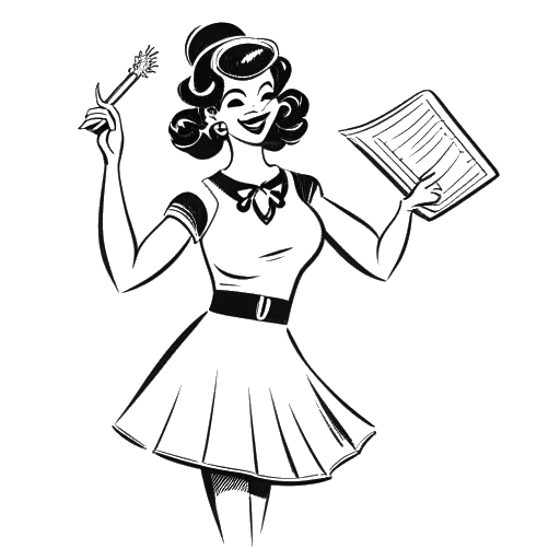 Line art drawing of McKinley Richardson in a cheerleading uniform, holding a script and a musical instrument, representing her high school activities.