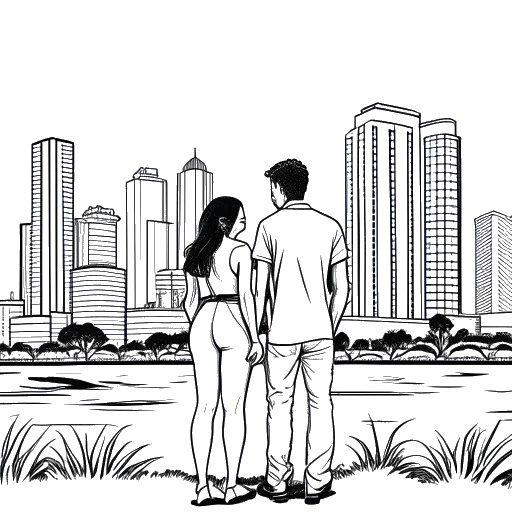 Desenho de arte linear de McKinley Richardson com seu namorado Jack, representando a vida deles em Miami, Flórida.