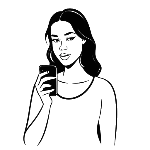 Line art drawing of McKinley Richardson holding a smartphone with the OnlyFans logo, representing her OnlyFans account launch.
