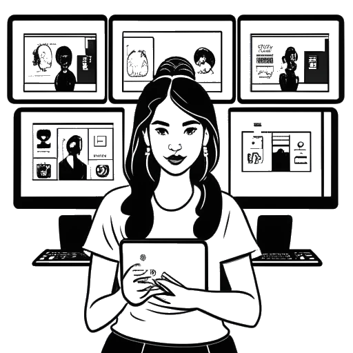 Lijnkunsttekening van McKinley Richardson omringd door schermen die haar volgersaantallen op TikTok, Instagram en YouTube laten zien.