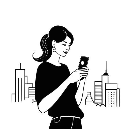 Desenho de arte linear de McKinley Richardson segurando um smartphone com o logo do TikTok, representando sua estreia no TikTok em Champaign, Illinois.