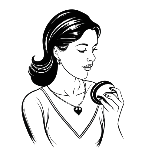 Line art drawing of McKinley Richardson holding a heart-shaped locket, representing her belief in true love.