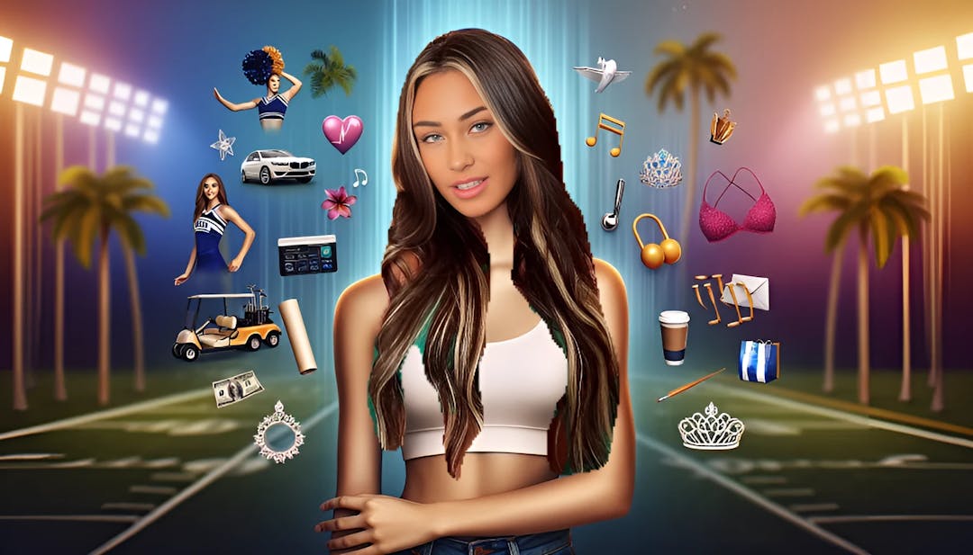 McKinley Richardson, a slim, fair-skinned female with brown hair and blue eyes, showcasing a blend of elegance and resilience. The scene includes elements of cheerleading, drama, and music, alongside symbols of a golf cart accident and beauty pageants. The background features a university campus in Illinois with hints of fitness accessories, palm trees, and vibrant Miami colors.