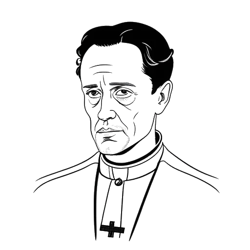 Disegno in stile line art di un uomo che interpreta il personaggio del prete in "Fleabag," con un'espressione compassionevole e riflessiva.