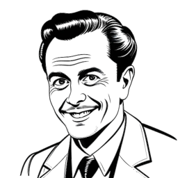 Lijntekening van een man die Jim Moriarty uitbeeldt, met een sluwe glimlach en ondeugende ogen.