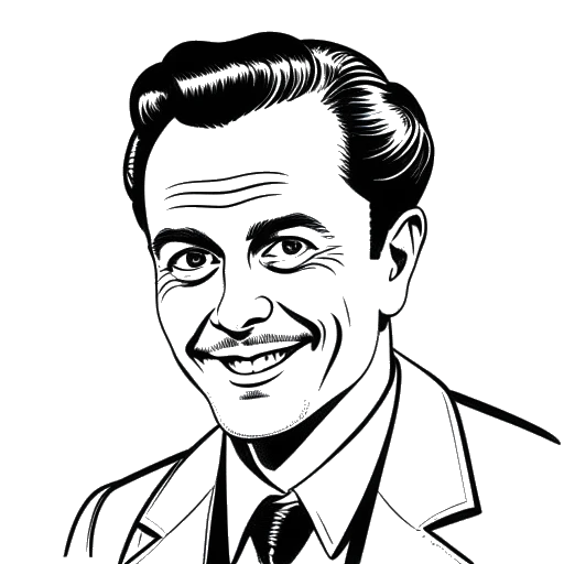 Lijntekening van een man die Jim Moriarty uitbeeldt, met een sluwe glimlach en ondeugende ogen.