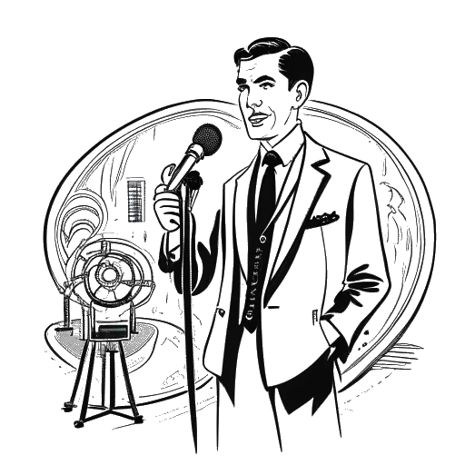 Desenho de arte de linha de um homem representando Andrew Scott. Ele está vestido com um terno, segurando um microfone e uma caneta, com um pano de fundo que inclui imagens de um teatro e um rolo de filme, tudo sobre um fundo branco.
