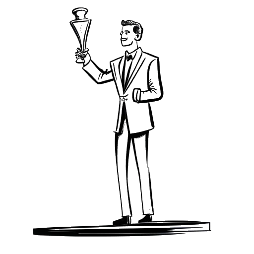 Line art drawing of a man, representing Andrew Scott, receiving an award and performing on Broadway