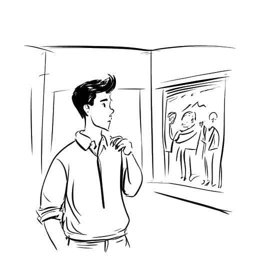 Desenho de arte de linha de um jovem, representando Andrew Scott, escolhendo teatro em vez de escola de arte