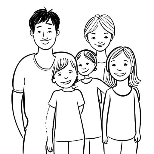 Disegno al tratto della famiglia Scott, che rappresenta i genitori e le due sorelle di Andrew Scott.