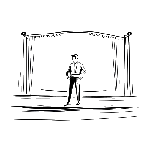 Desenho de arte de linha de um homem, representando Andrew Scott, em um palco de teatro