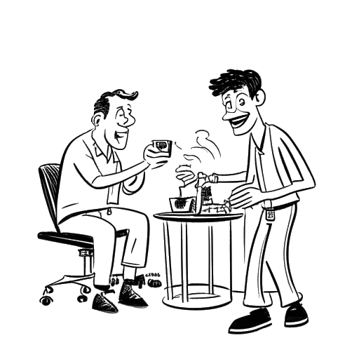 Desenho de arte de linha de dois homens, representando Andrew Scott e Benedict Cumberbatch, pregando peças em um set de filmagem