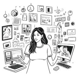 Line art drawing of a woman, denoting Pokimane, encompassed by digital screens displaying her streaming accolades and activities. Her confident demeanor reflects her lasting impact in the streaming realm, against a white backdrop.