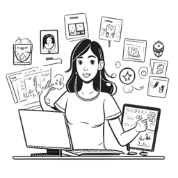 Line art drawing of a woman, representing Pokimane, immersed in streaming success. Multiple screens display Twitch and YouTube logos, capturing the essence of her digital presence, all against a white backdrop.