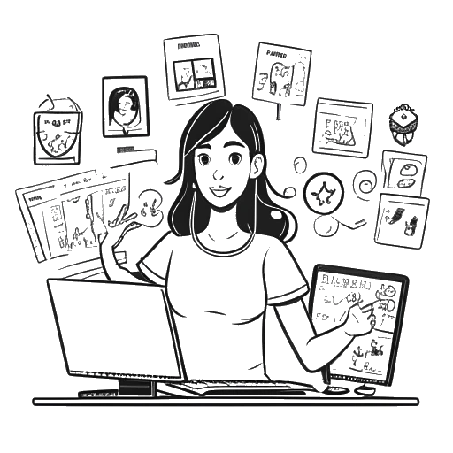 Line art drawing of a woman, representing Pokimane, immersed in streaming success. Multiple screens display Twitch and YouTube logos, capturing the essence of her digital presence, all against a white backdrop.