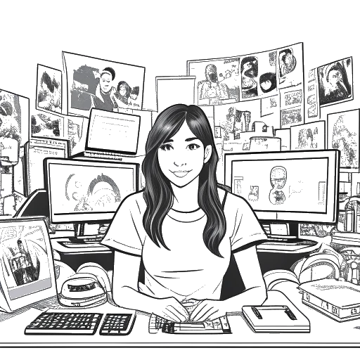 Lijnkunsttekening van een vrouw, die Pokimane vertegenwoordigt, omringd door schermen met live streams, gaming content en productverkoop. Het visuele beeld omvat op elegante wijze haar veelzijdige inkomstenstromen.