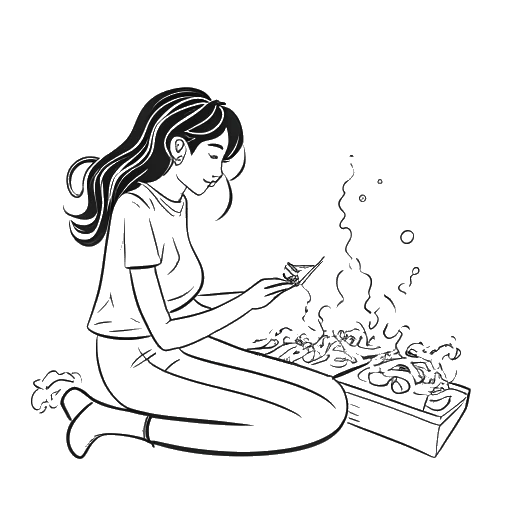 Lijnkunsttekening van een meisje dat een platform creëert voor streamers, dat Imane Anys vertegenwoordigt, op een witte achtergrond