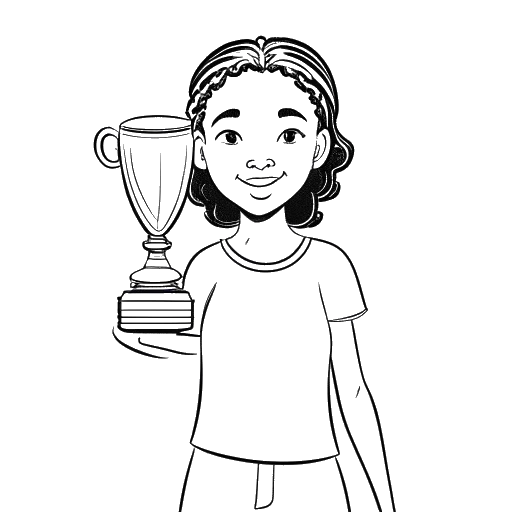 Dibujo de arte lineal de una niña sosteniendo un trofeo, que representa a Imane Anys, en un fondo blanco