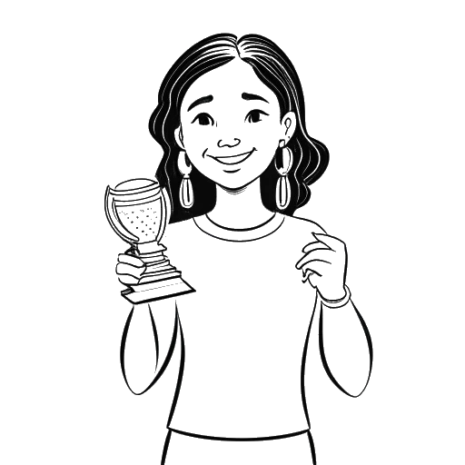 Line art drawing of a girl holding two awards, representing Imane Anys, on a white background