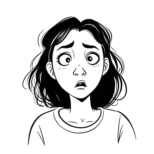 Desenho em arte linear de uma menina com medo, representando Imane Anys, em um fundo branco