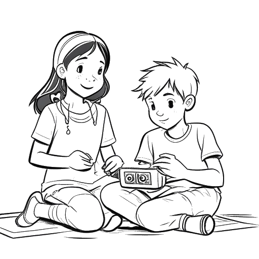 Desenho em arte linear de uma menina jogando um vídeo game com seu irmão mais velho, representando Imane Anys e seu irmão, em um fundo branco