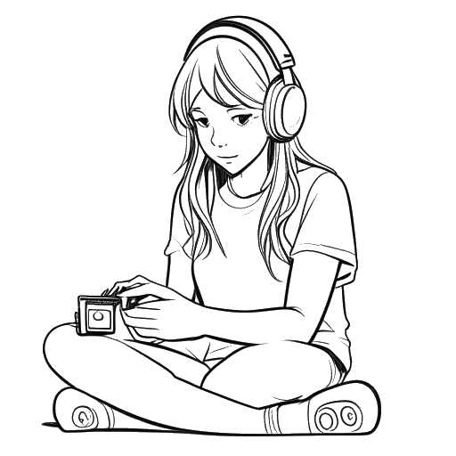 Lijnkunsttekening van een meisje dat een video game speelt, dat Imane Anys vertegenwoordigt, op een witte achtergrond