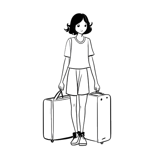 Lijnkunsttekening van een meisje met een koffer, dat Imane Anys vertegenwoordigt, op een witte achtergrond