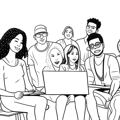Line art drawing of a group of people creating content, representing Imane Anys and OfflineTV, on a white background