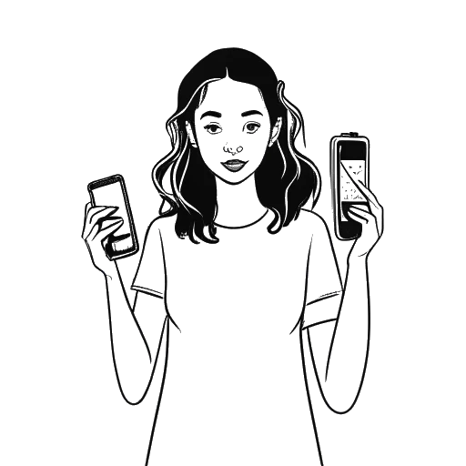 Disegno in stile line art di una ragazza che tiene diversi telefoni, rappresentante Imane Anys, su sfondo bianco
