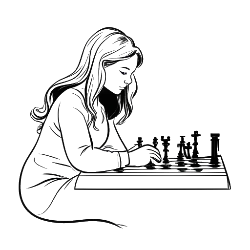 Dibujo de arte lineal de una niña jugando al ajedrez, que representa a Imane Anys, en un fondo blanco