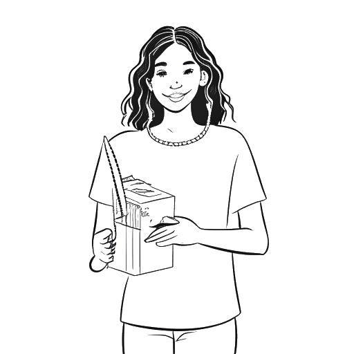 Line art drawing of a girl holding merchandise, representing Imane Anys, on a white background