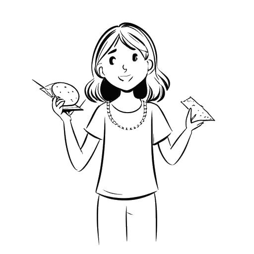 Dibujo de arte lineal de una niña con un aviso de suspensión y galletas, que representa a Imane Anys, en un fondo blanco
